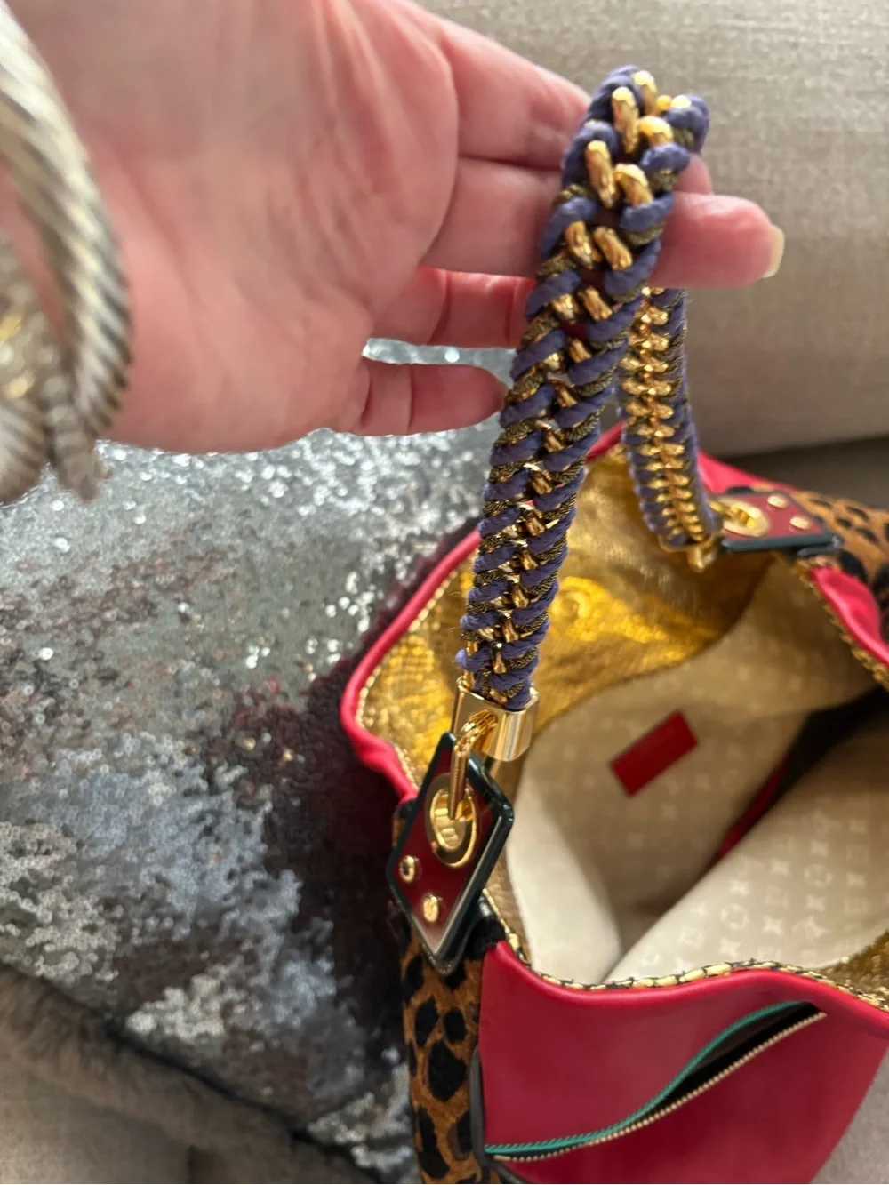 Louis Vuitton Red Leather Hobo with Leopard-Print Sides